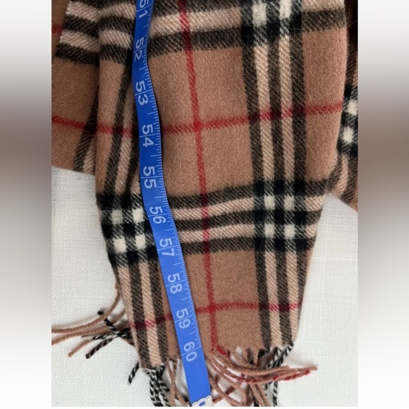 O My Cashmere Lamb Wool Cashmere Tan Black Plaid Fringe Scarf 60”x12” - Picture 7 of 7